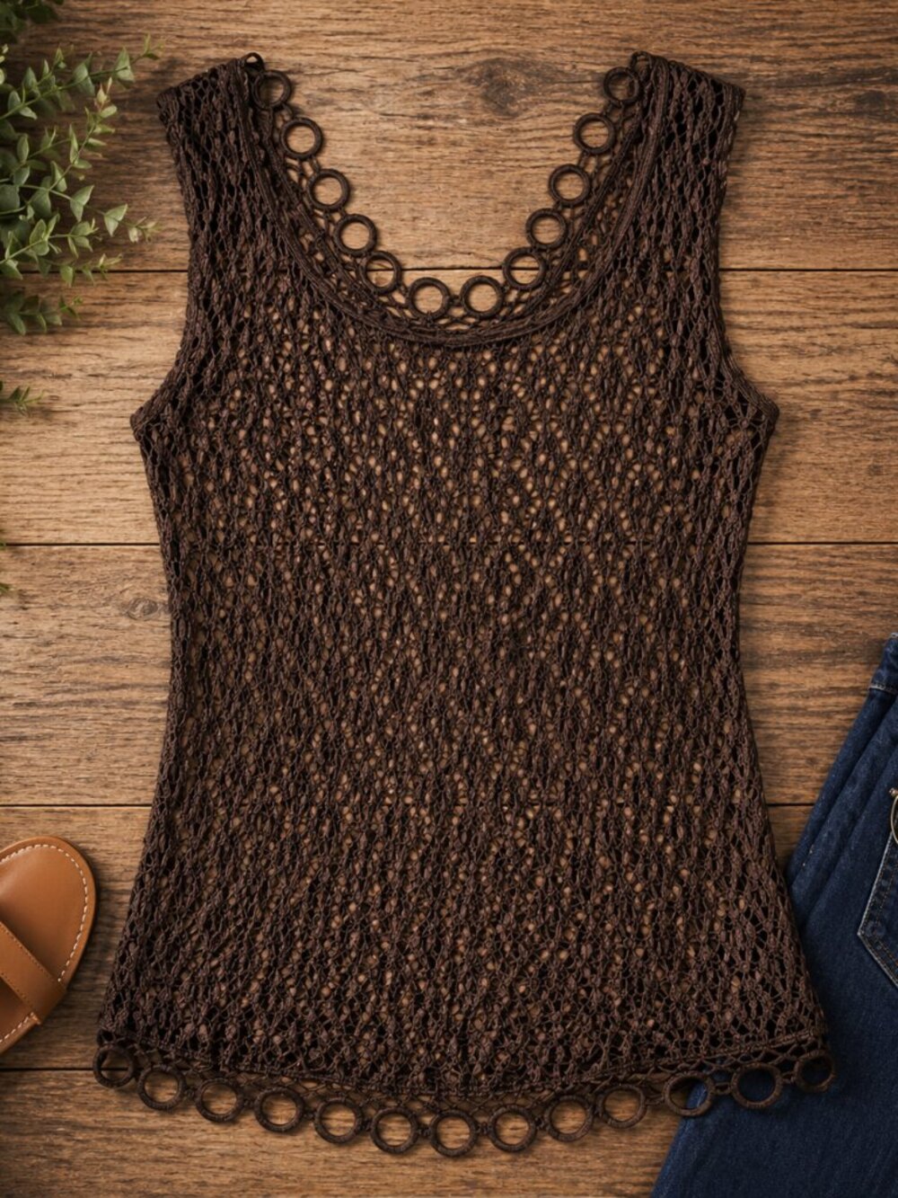 Bette Paige Brown Crochet Tank Top Size L Boho Y2K Knit